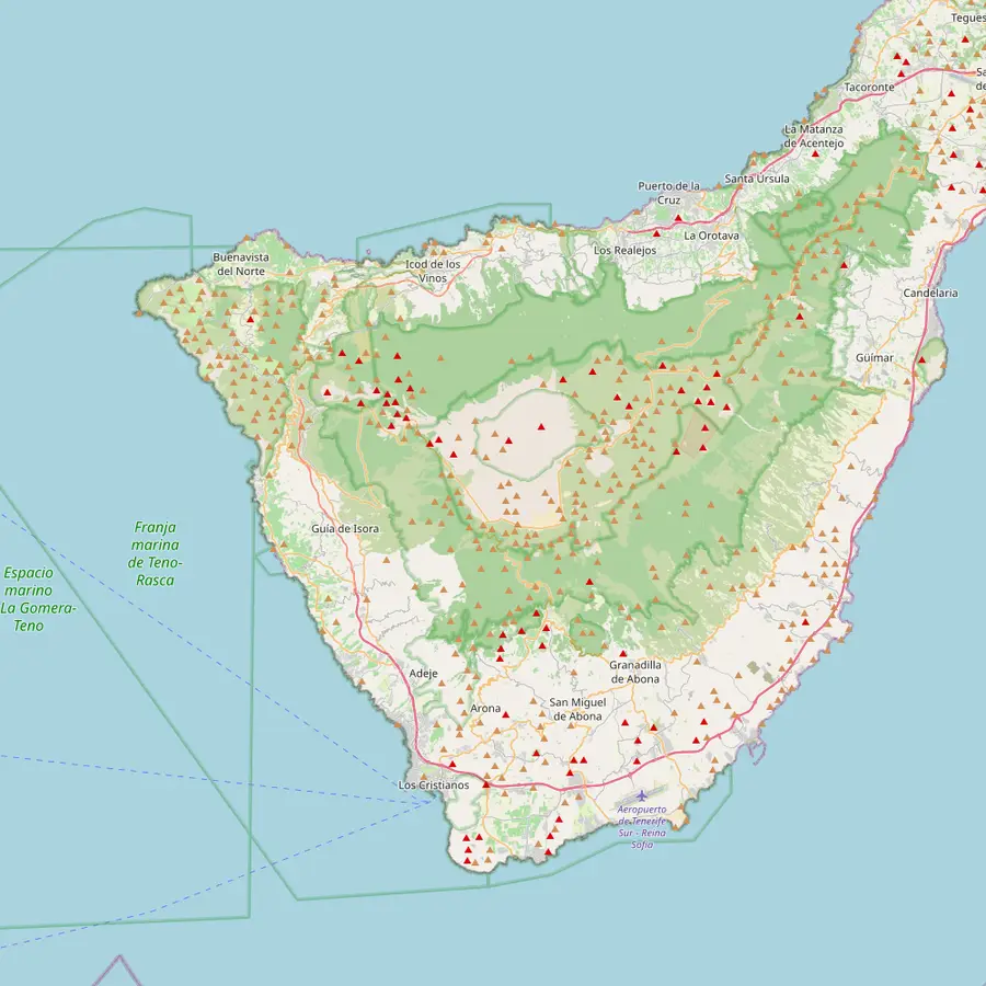 Map of Tenerife with Teide, Puerto de la Cruz, La Orotava, Los Cristianos, Costa Adeje, El Médano, Los Gigantes, Vilaflor and the Teide Observatory