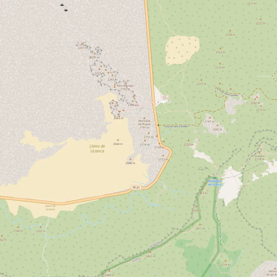 Close map of the Parador de Las Cañadas with the Roques de García, La Ruleta viewpoint and Llano de Ucanca